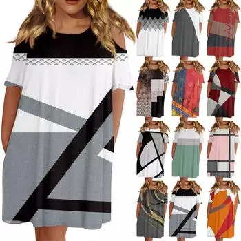 Женская мода с круглым вырезом без бретелек с коротким рукавом повседневное свободное платье с принтом и карманами XXL розовый