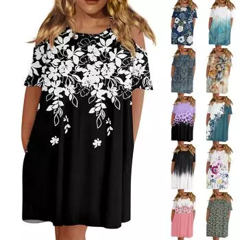 Женская мода с круглым вырезом без бретелек с коротким рукавом повседневное свободное платье с принтом и карманами L чёрный