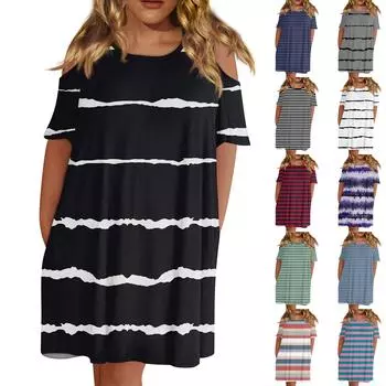 Женская мода с круглым вырезом без бретелек с коротким рукавом повседневное свободное платье с принтом и карманами L чёрный