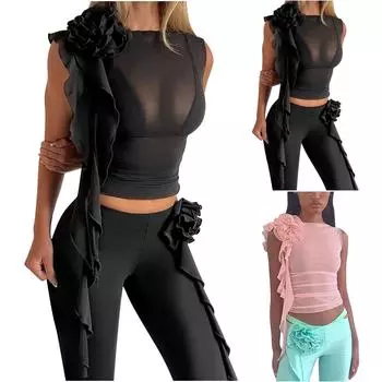 Женская мода с круглым вырезом и 3D-цветочной перспективой, сетчатая облегающая футболка, топы L чёрный