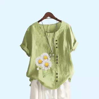 Женская мода с круглым вырезом и цветочным принтом, топ с короткими рукавами, повседневная летняя футболка, женские свободные блузки больших размеров S коричневый