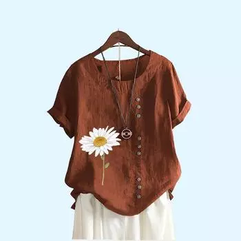 Женская мода с круглым вырезом и цветочным принтом, топ с короткими рукавами, повседневная летняя футболка, женские свободные блузки больших размеров S коричневый