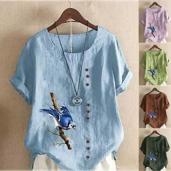 Женская мода с круглым вырезом и коротким рукавом, повседневная хлопковая льняная рубашка с рисунком, свободная летняя блузка с принтом птиц, топы больших размеров M темно-зеленого