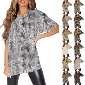 Женская мода с круглым вырезом и коротким рукавом, рабочая одежда с карманами, топы с принтом, летние топы для женщин L армия зеленый