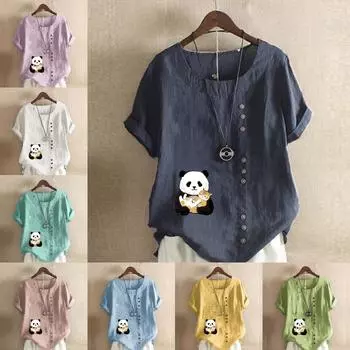Женская мода с круглым вырезом и коротким рукавом, повседневная хлопковая льняная рубашка с рисунком, свободная летняя блузка с принтом панды для отдыха, топы больших размеров S розовый