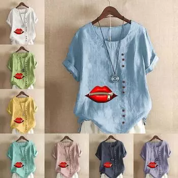 Женская мода с круглым вырезом и коротким рукавом, повседневная хлопковая льняная рубашка с рисунком, свободная летняя блузка с застежкой-молнией для отдыха, топы больших размеров 3XL синий
