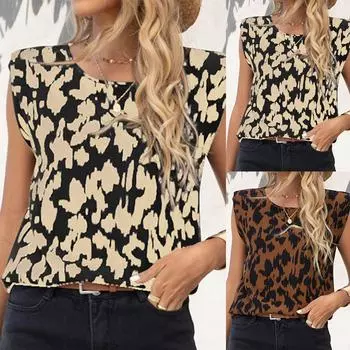 Женская мода с круглым вырезом и леопардовым принтом, повседневный топ без рукавов L бежевый
