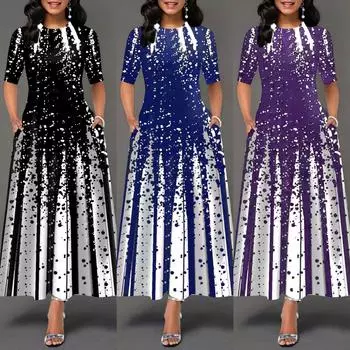 Женская мода с круглым вырезом и принтом в стиле пэчворк, длинные платья, с половиной рукавом, с высокой талией, платья с разрезом, украшенные пуговицами, элегантные вечерние платья, платье макси XXXXXL чёрный