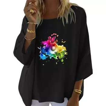 Женская мода с круглым вырезом и принтом 3/4, рубашка с длинным рукавом, женские повседневные свободные блузки S