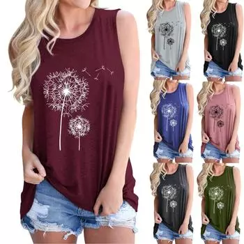 Женская мода с круглым вырезом и принтом без рукавов, повседневный пуловер, футболка, майка XXL