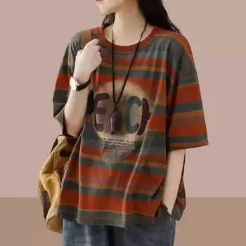 Женская мода с круглым вырезом и принтом в виде букв, полосатые футболки, одежда весна-лето, свободные повседневные топы, универсальные футболки XXXXL