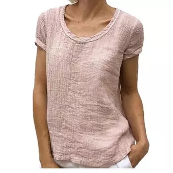 Женская мода с круглым вырезом из хлопка и льна, повседневные однотонные блузки на весну и лето S розовый