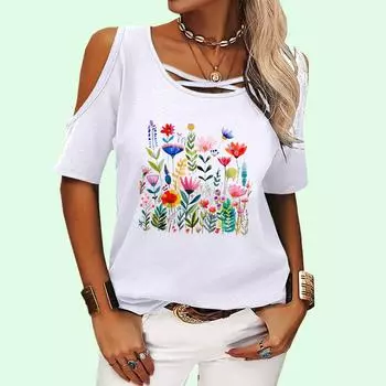 Женская мода с круглым вырезом, летняя футболка с открытыми плечами, повседневная футболка с коротким рукавом и цветочным принтом S розовый