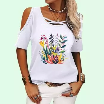 Женская мода с круглым вырезом, летняя футболка с открытыми плечами, повседневная футболка с коротким рукавом и цветочным принтом S розовый