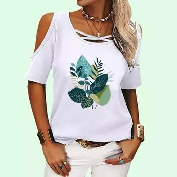 Женская мода с круглым вырезом, летняя футболка с открытыми плечами, повседневная футболка с коротким рукавом и цветочным принтом S розовый