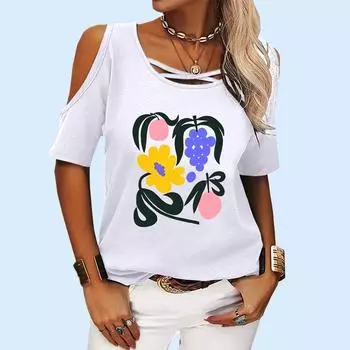 Женская мода с круглым вырезом, летняя повседневная футболка с открытыми плечами, пуловер с принтом, футболка с коротким рукавом S розовый