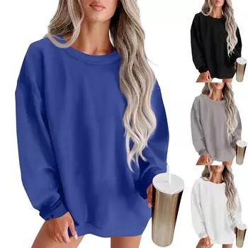 Женская мода с круглым вырезом, однотонная толстовка с длинными рукавами, топ M белый