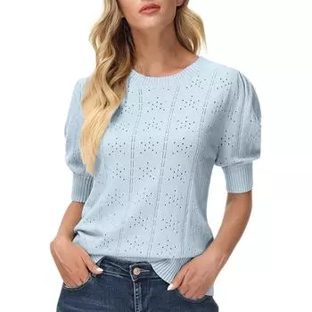 Женская мода с круглым вырезом, однотонный вязаный свитер с короткими рукавами и полыми рукавами S