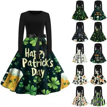 Женская мода с круглым вырезом, повседневная, облегающая, St. Платье с длинными рукавами и принтом Патрика L армия зеленый