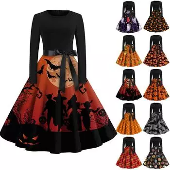 Женская мода с круглым вырезом, повседневное облегающее платье с длинным рукавом и принтом на Хэллоуин L чёрный