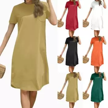 Женская мода с круглым вырезом, повседневные свободные платья с коротким рукавом L чёрный