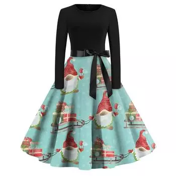 Женская мода с круглым вырезом, повседневные тонкие рождественские платья с длинным рукавом и принтом L