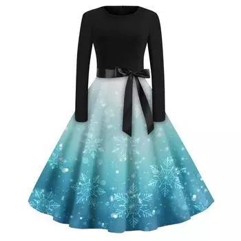 Женская мода с круглым вырезом, повседневные тонкие рождественские платья с длинным рукавом и принтом XXL