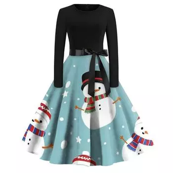 Женская мода с круглым вырезом, повседневные тонкие рождественские платья с длинным рукавом и принтом M