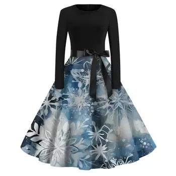 Женская мода с круглым вырезом, повседневные тонкие рождественские платья с длинным рукавом и принтом S