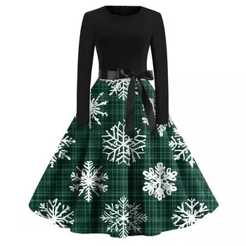 Женская мода с круглым вырезом, повседневные тонкие рождественские платья с длинным рукавом и принтом L армия зеленый