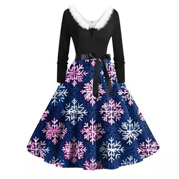 Женская мода с круглым вырезом, повседневные тонкие рождественские платья с длинным рукавом и принтом L синий