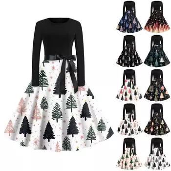 Женская мода с круглым вырезом, повседневные тонкие рождественские платья с длинным рукавом и принтом XXXL