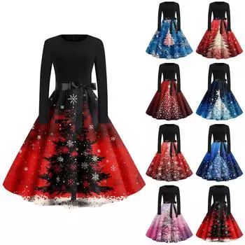 Женская мода с круглым вырезом, повседневные тонкие рождественские платья с длинным рукавом и принтом XXXXXL