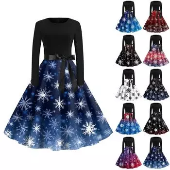 Женская мода с круглым вырезом, повседневные тонкие рождественские платья с длинным рукавом и принтом L чёрный