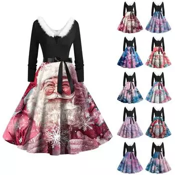 Женская мода с круглым вырезом, повседневные тонкие рождественские платья с длинным рукавом и принтом XXL синий