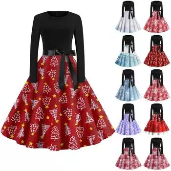 Женская мода с круглым вырезом, повседневные тонкие рождественские платья с длинным рукавом и принтом XXXXL синий