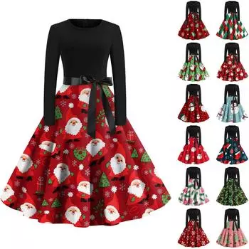 Женская мода с круглым вырезом, повседневные тонкие рождественские платья с длинным рукавом и принтом XXL розовый