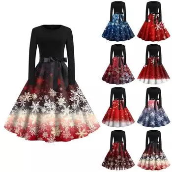 Женская мода с круглым вырезом, повседневные тонкие рождественские платья с длинным рукавом и принтом XXXXXL киноварь