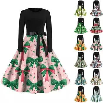 Женская мода с круглым вырезом, повседневные тонкие рождественские платья с длинным рукавом и принтом S синий