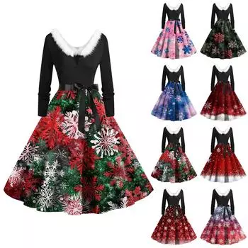 Женская мода с круглым вырезом, повседневные тонкие рождественские платья с длинным рукавом и принтом XXXXXL