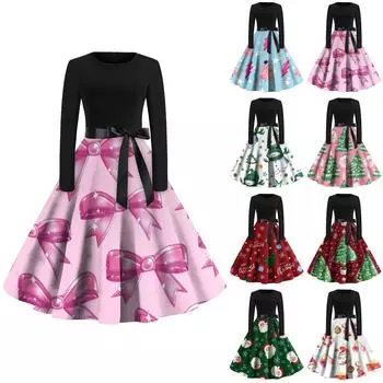 Женская мода с круглым вырезом, повседневные тонкие рождественские платья с длинным рукавом и принтом L винный