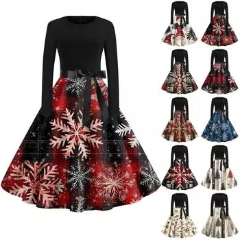 Женская мода с круглым вырезом, повседневные тонкие рождественские платья с длинным рукавом и принтом L бежевый