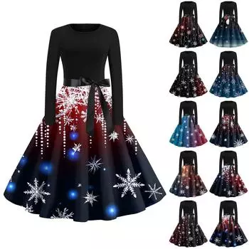 Женская мода с круглым вырезом, повседневные тонкие рождественские платья с длинным рукавом и принтом L