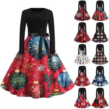 Женская мода с круглым вырезом, повседневные тонкие рождественские платья с длинным рукавом и принтом L винный