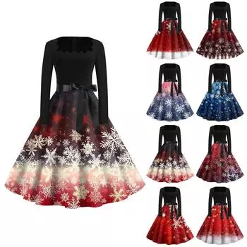 Женская мода с круглым вырезом, повседневные тонкие рождественские платья с длинным рукавом и принтом L синий