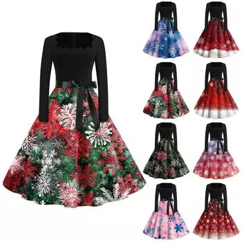 Женская мода с круглым вырезом, повседневные тонкие рождественские платья с длинным рукавом и принтом XL винный