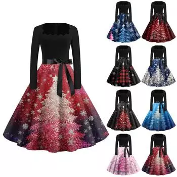 Женская мода с круглым вырезом, повседневные тонкие рождественские платья с длинным рукавом и принтом S чёрный