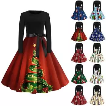 Женская мода с круглым вырезом, повседневные тонкие рождественские платья с длинным рукавом и принтом S оранжевый