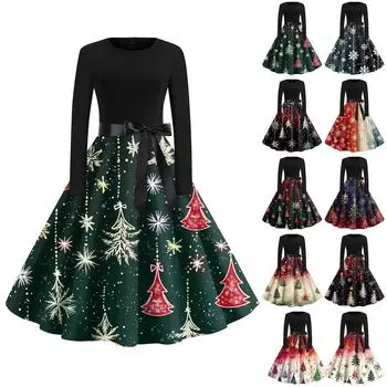 Женская мода с круглым вырезом, повседневные тонкие рождественские платья с длинным рукавом и принтом XXXL белый