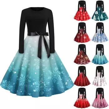 Женская мода с круглым вырезом, повседневные тонкие рождественские платья с длинным рукавом и принтом S